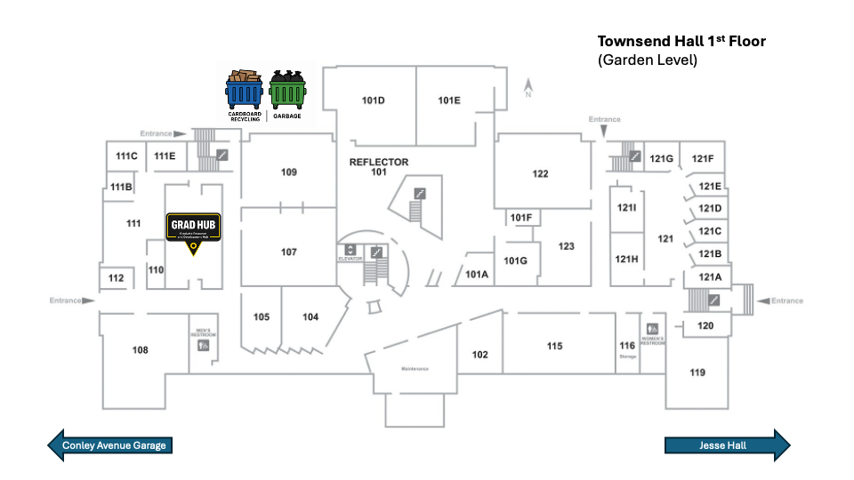 Map of the lower level of Townsend Hall with the Grad Hub's location in room 111 marked